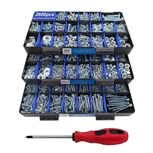 2600 count Bolt and Nut Hardware Assortment Kit with Diverse , Screws, Washers & Nuts-DIY-Friendly, 3-Tier Storage for  Projects