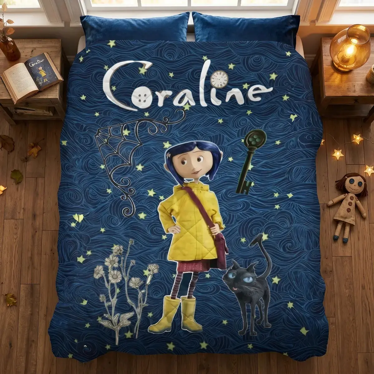 2D Coraline Movie Themed Flannel Blanket, Coraline Jones & Black Cat Art Throw for Fans & Home Decor