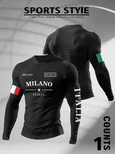 Men's "Milano Italia" Graphic Crew Neck Compression Long Sleeve - Athletic Top for Gym Workouts, Stretch Fabric for Casual Wear, Trendy Italian City Fashion Piece, Athletic Compression Shirts