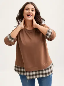 BloomChic Lady's Fitted Long-Sleeve Hoodie Tops, Yellowish-Brown Clothes with Plaid Contrast Splicing, Round Neck, Comfy Preppy Casual Fashion
