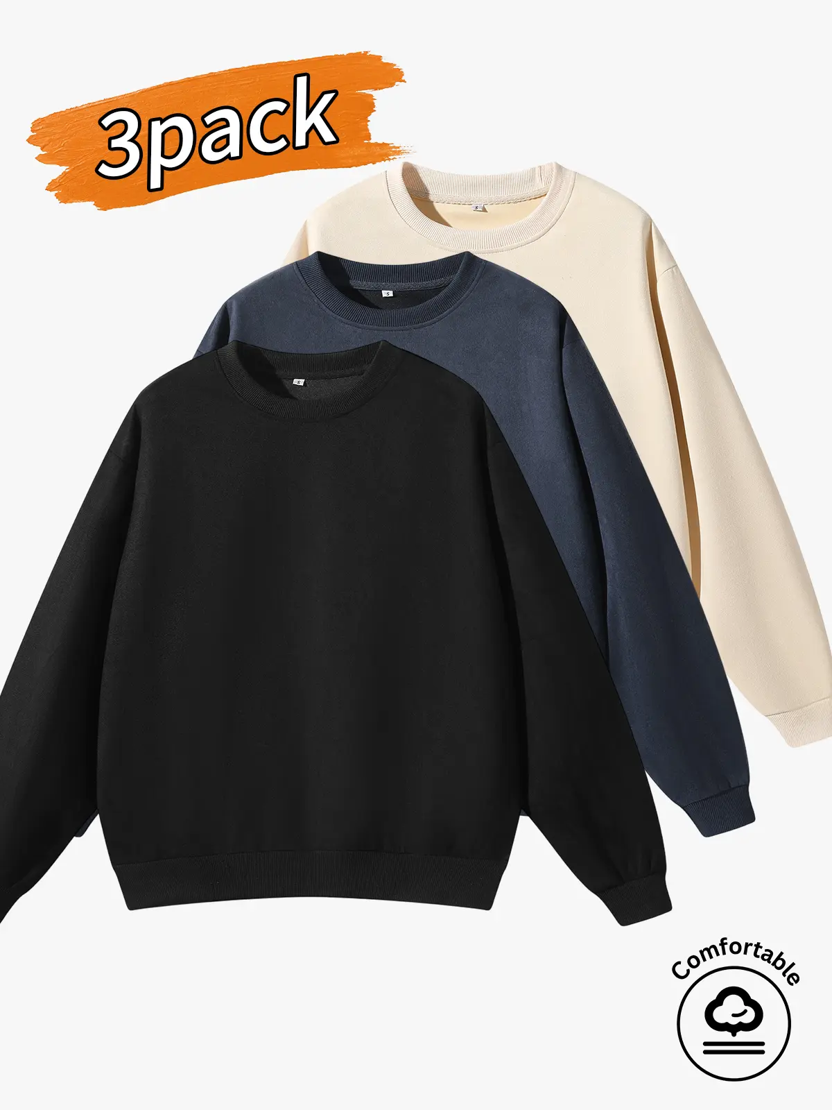 3-pack men's tops, men's crewneck sweatshirts, men's casual long-sleeve sweatshirts.A simple basic loose fit with a clean design and no unnecessary prints—ultra versatile and works with any outfit style. Suitable for home lounging, going out shopping, sch