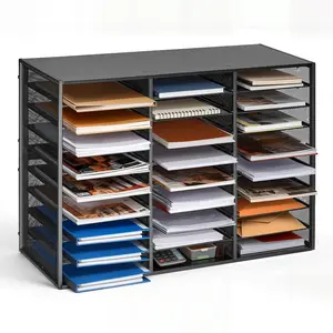 Literature Organizer With 27 Compartments, Metal Office Mailbox With Detachable Wire Mesh, Mail Sorter With Wooden Top, Countertop Storage For Files, Documents And Paper, Home Office Organization, Black