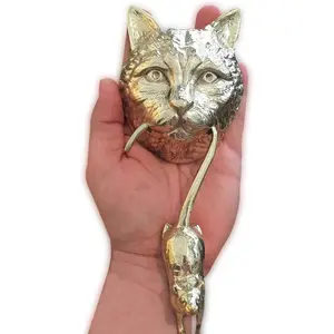 Cat and Mouse Decorative Door Knocker, 8.7 Inches Solid Polished Brass Front Door Ornament