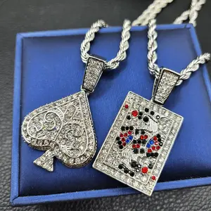 2PC Set Poker Game Card Spade Cubic Zirconia Iced Gold Plated Pendant 24" Rope Chain Hip Hop Jewelry Necklace