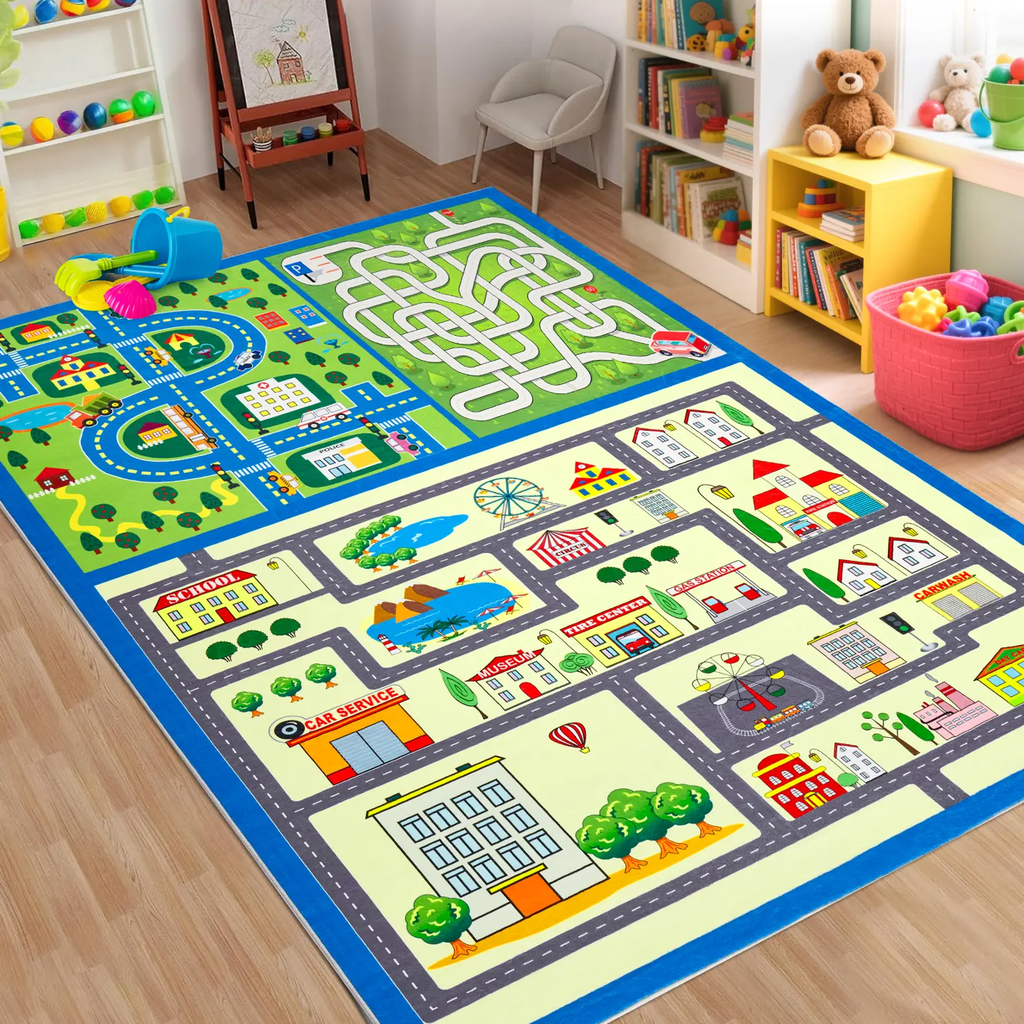 Kids Educational Washable Non-Slip City Road Map Rug - Durable, Mark-Resistant, Ultra-Soft, Collapsible Landscape & Architecture Carpet for Playroom, Bedroom - 4x6ft (Ideal for Birthday Gifting)