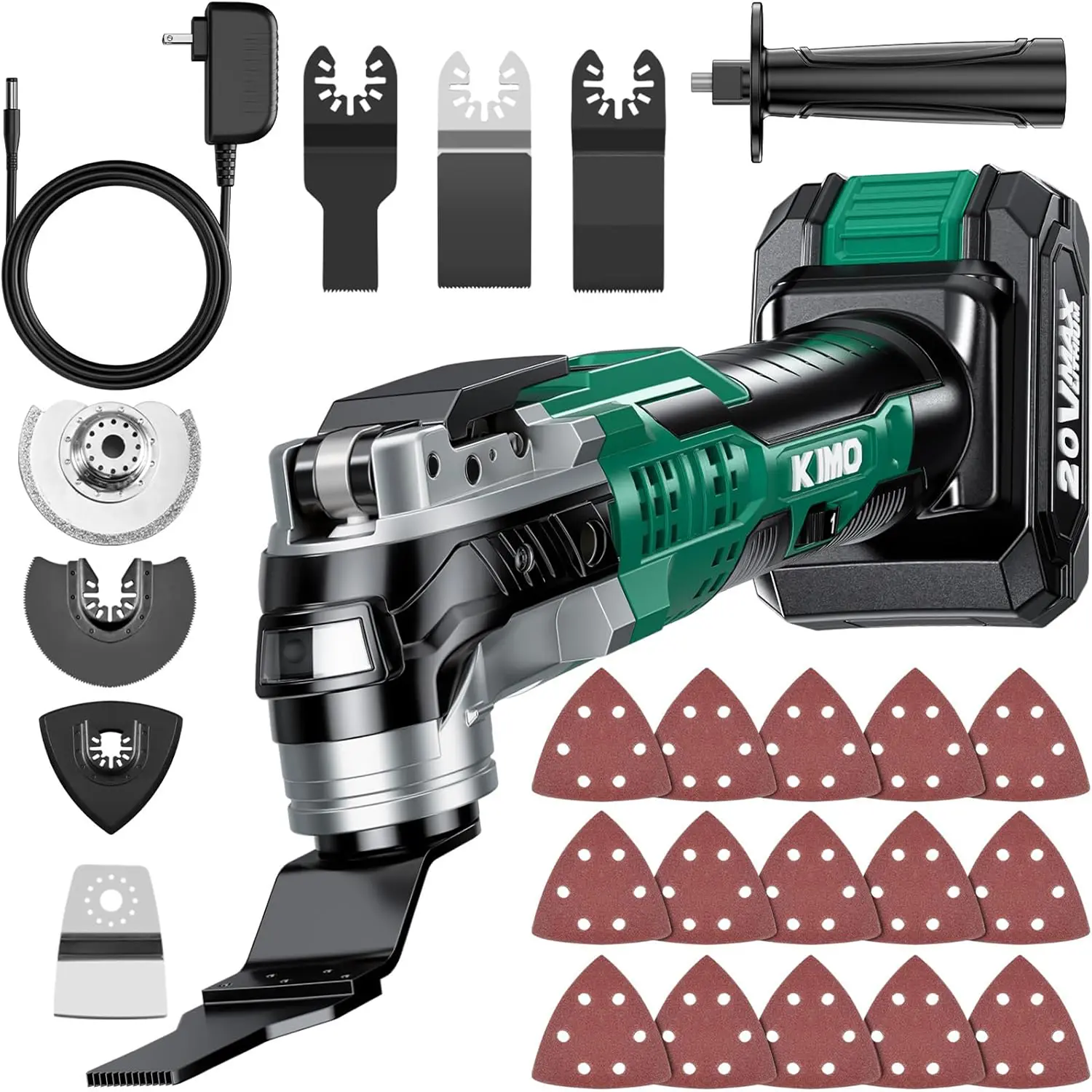 KIMO 20V Cordless Oscillating Multi-Tool Kit with Batteries, 26Pcs Accessories, 21000 OPM, 6 Variable Speeds, 3° Oscillating Angle, Ergonomic Design for High Efficiency Indoor Wood Cutting, Scraping, DIY Builds