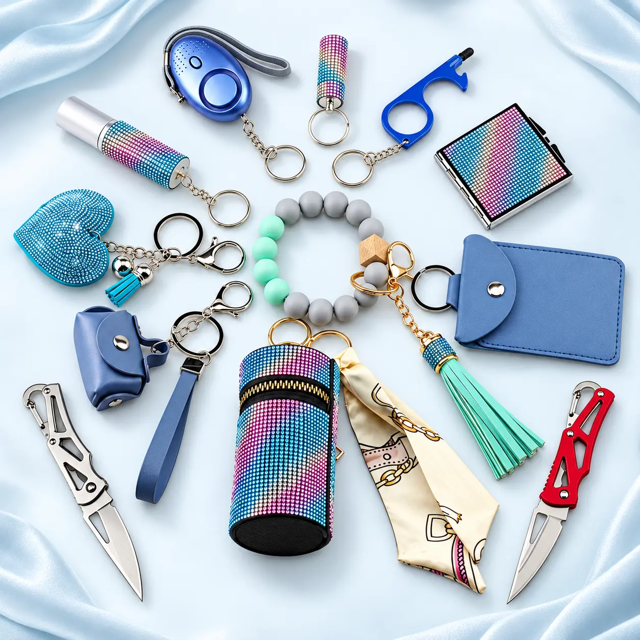 Multifunctional Keychain Set with Colorful Beads, Blue Wallet, Tassel, Knife, and More for Everyday Use