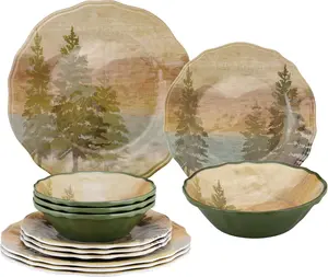 12 Piece  Lakeside Pine Melamine Dinnerware Sets, Outdoor Dishes Set, Plates and Bowls Sets, Service for 4, Brown