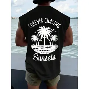 180g[100%cotton]Summer Comfort Vacation Vest, 'forever Chasing Sunset' Graphic Pattern, Lightweight Fabric, Casual Beach Style, Fitted Design, Perfect for Leisure