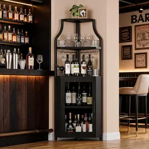 home 5-Tier Industrial Corner Bar Cabinet with Barn Door and Glass Holder, Farmhouse Buffet Cabinet and Home Bar