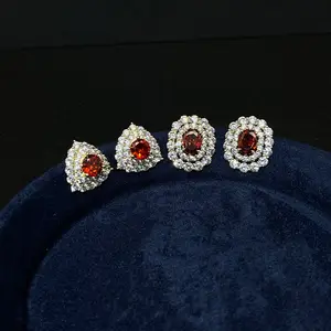 Women's Luxury Red Gem Stud Earrings Set Sparkling Cubic Zirconia Encrusted Vintage Inspired Oval & Teardrop Shaped Earrings Elegant Party Jewelry for Special Occasions