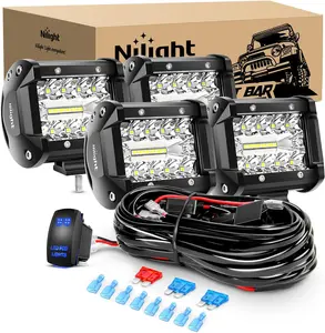 Nilight 4Pcs LED Pods 4Inch 60W Triple Row Flood Spot Combo 6000LM Light Bar with 12V On/Off 5 Pin Rocker Switch 16AWG Wiring Harness Kit-4 Leads Underglow Car