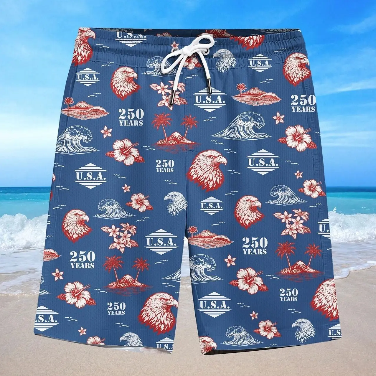 American Eagle Hawaiian Shorts: Patriotic USA Flag, 4th of July Menswear 2