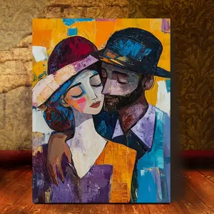 1 Piece Picasso Style Cubism Couple Portrait Canvas Wall Art - Vibrant Bold Colors, 29.84x 39.88cm Wooden Frame Canvas, Vintage Living Room Bedroom Decoration, Detailed Facial Features, Hangable Home Decoration| Picasso Style Art| Delicate brushstrokes, m