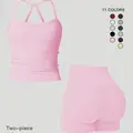 Women's Quick-Dry Two-piece Set, Solid Color Backless Cami Top & High Waist Shorts Tracksuit Set, Ladies Sportswear Gym Outfits, Yoga Gym Running Wear, Fitness Clothing
