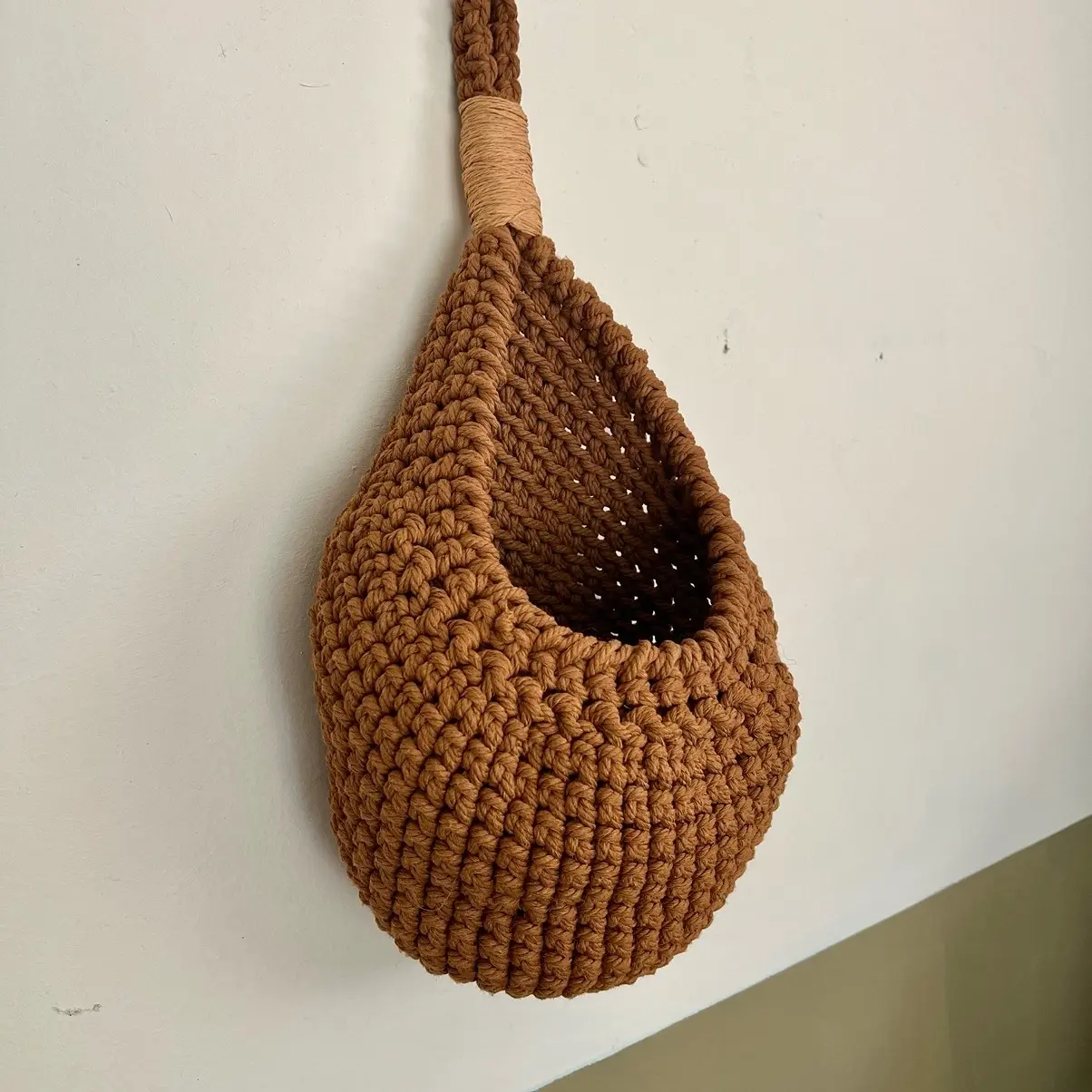 Handmade Crochet Wall Basket in Chestnut Brown | 100% Cotton and Raffia | 18” Length x 10” Width x 6” Depth