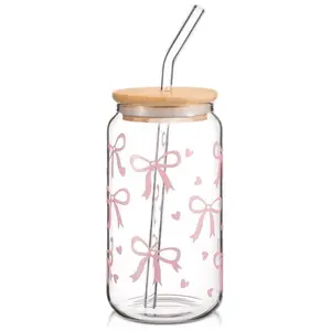 Pink Bow Glass Cup with Bamboo Lid & Straw | Cute Coquette Style Iced Coffee Cup 16oz