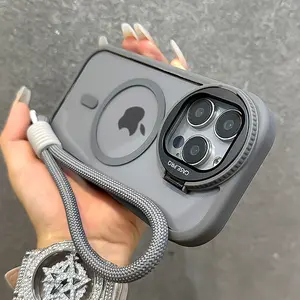 Fin Fold Glass Lens Stand Magnetic Transparent Case For iPhone 16 15 14 13 12 11 Pro Max For Magsafe Wrist Strap Shockproof Cover