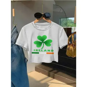 Womens Cotton Crop Top Short Sleeve Crewneck Graphic Tee Ireland Clover Shamrock Print Casual Summer Streetwear Festival Vacation Outfit