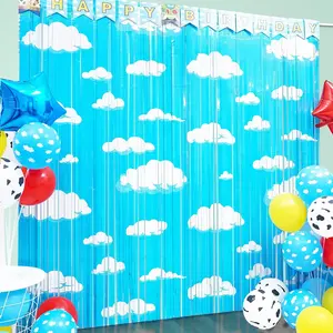 2 Pack Birthday Party Decoration Blue Sky White Cloud Fringe Curtains Tinsel Photo Streamers Backdrop Photo Booth Prop for Cartoon Story Party Supplies