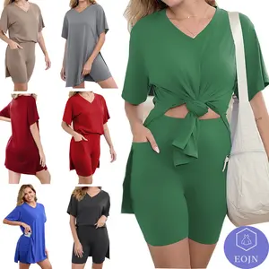 EOJN 2026 New Women's Plus Size Two Pieces Outfits with Pockets, Short Sleeve Tunic Tops and Skinny Biker Shorts Sets Bodycon Tracksuits Womenswear,Comfort Short&Top Sets for Summers and Spring Breathable