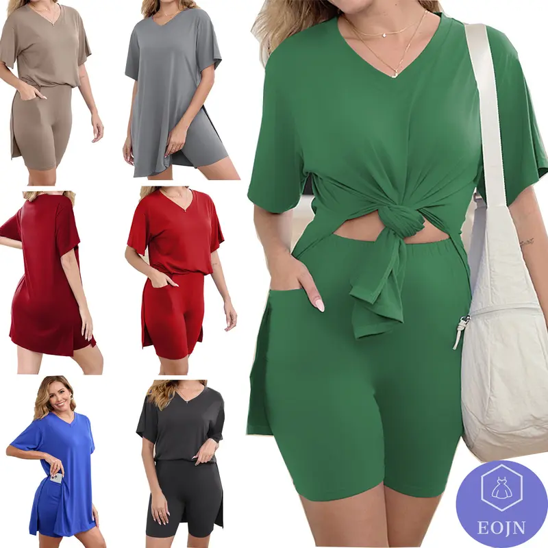 EOJN 2026 New Women's Plus Size 2-Piece Outfits - Shortleeve Spandex Soft Basic Festival Tunic Tops & Skinny Biker Shorts Bodycon Tracksuits, Breathable Stretchy Womenswear for Spring & Summer