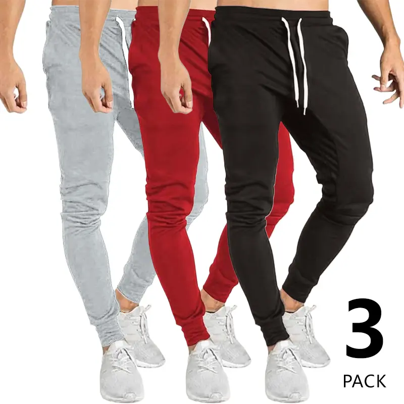 Men’s 3-pack slim-fit jogger sweatpants for multiple occasions, solid color with no patterns or prints, basic fit, contrast drawstring waistband with decorative details, suitable for spring and autumn, ideal for everyday casual wear and light social outin
