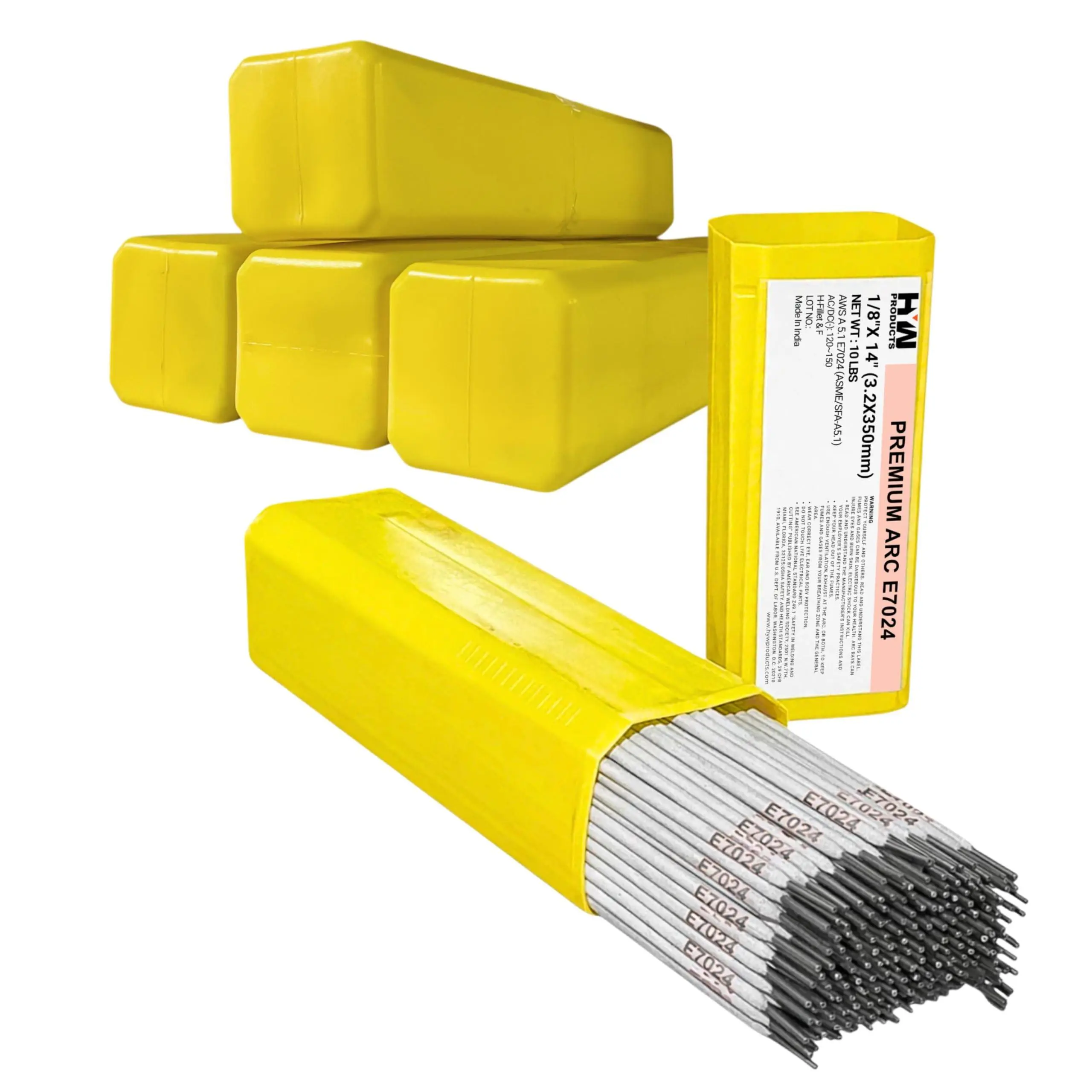 E7024 1/8in Iron Powder Coated Premium Arc Stick Electrodes - 14in Welding Rods, 10-lb Box, 5PK, High Metal Deposition, Consistent Weld Beads, For Flat & Horizontal Welding