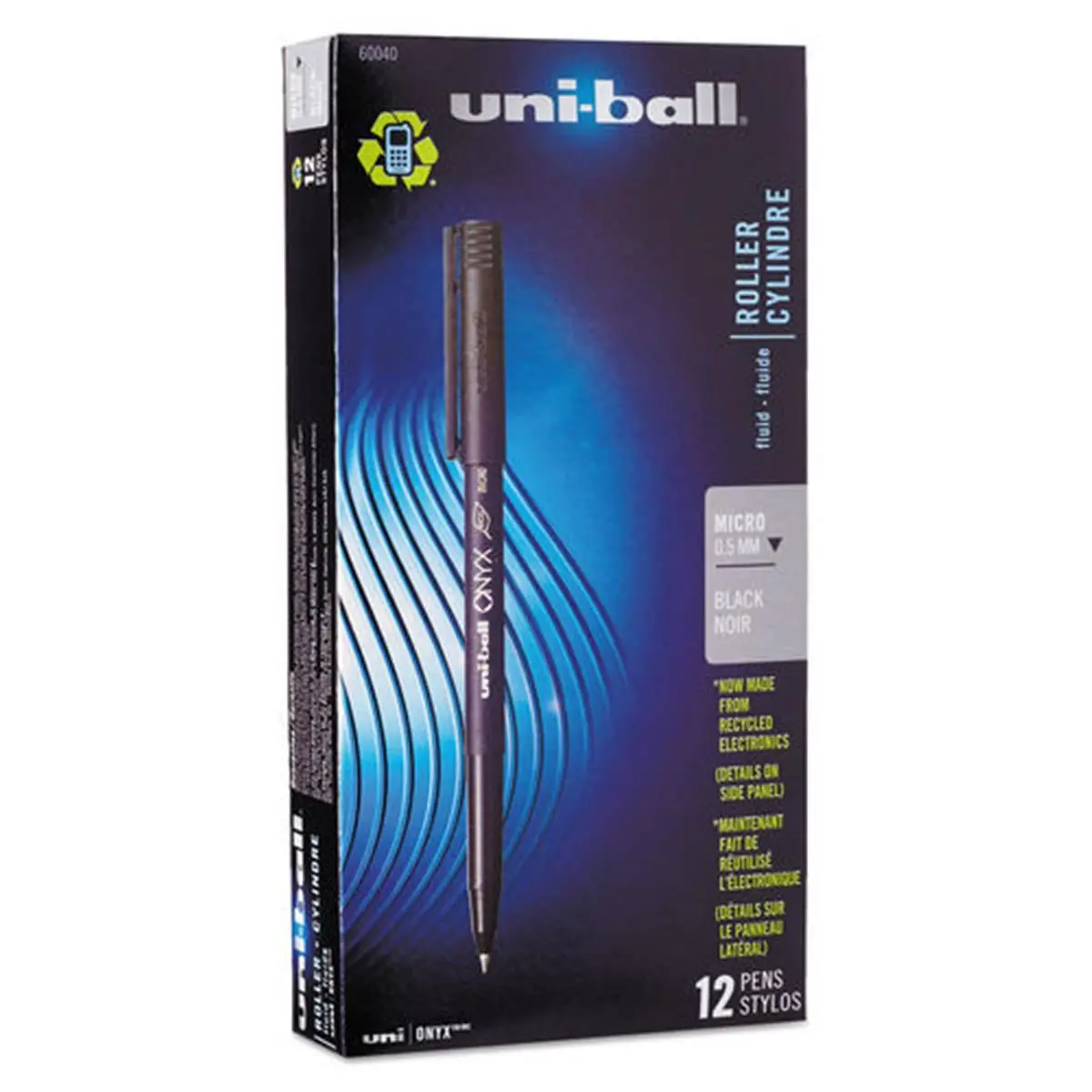 Uni-Ball UBC60040 ONYX Stick Roller Ball Pen - 0.5 mm Micro Tip, Black Ink, Black Matte Barrel, Smooth Grip (1 Dozen) 0.5 mm Pen