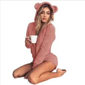SULTRYGLOW Women's Multi-Color Fuzzy Bear Ear Hooded Bodysuit - Soft Plush Fabric, 3D Bear Ear Detail & S-5XL Plus Sizes, Y2K Cute Cozy Style For Daily Lounge, Relaxing Home & Casual Comfort Looks