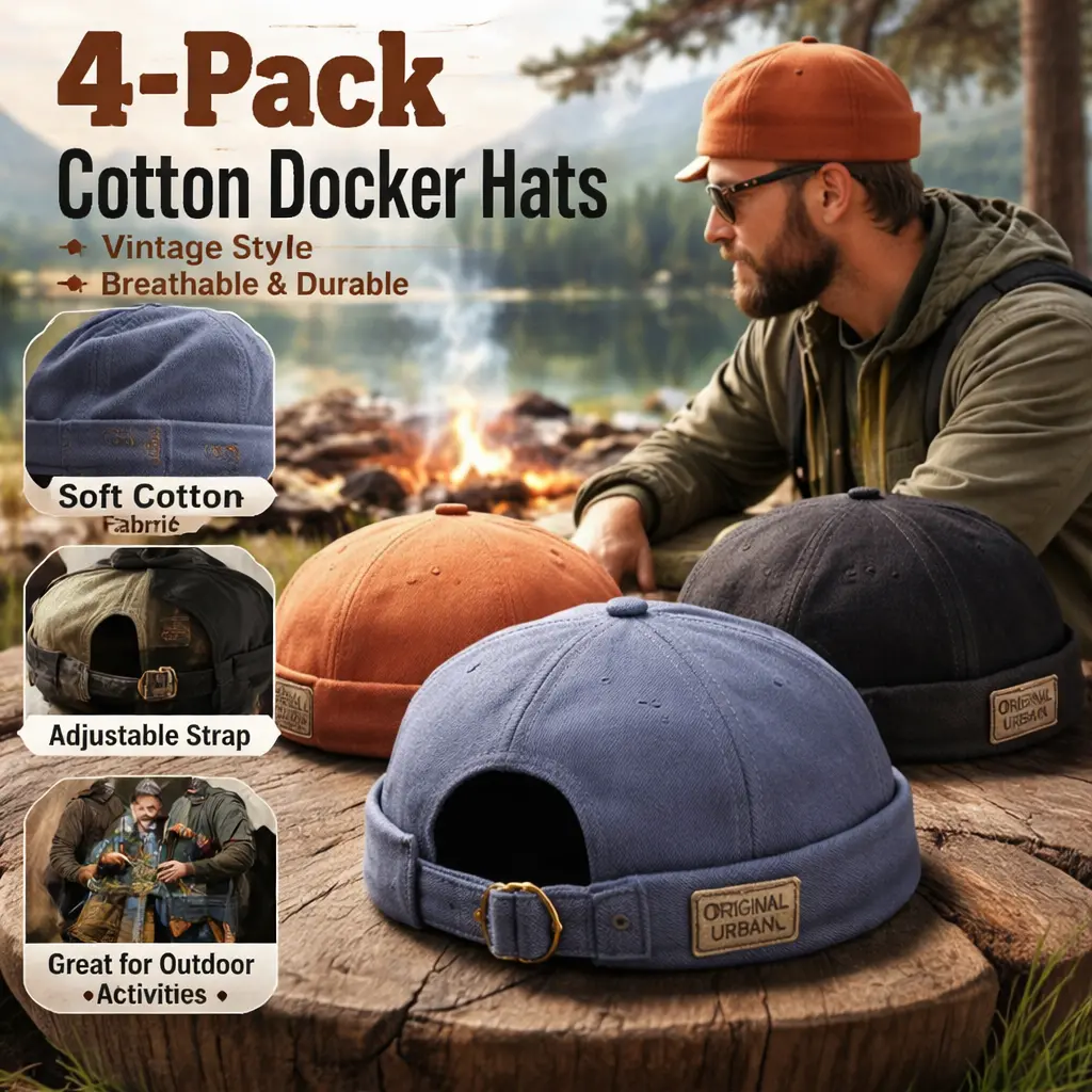 4-Pack Mens Cotton Patch Brimless Skullcap – Retro Sailor Cap with Rolled Cuff Design, Lightweight & Breathable Beanie for Daily Casual Wear