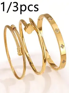 Women's Stainless Steel Flower Zircon Bracelet Set, Fashionable High-Quality Trendy Jewelry for Daily Wear, 1/3pcs Elegant Accessory