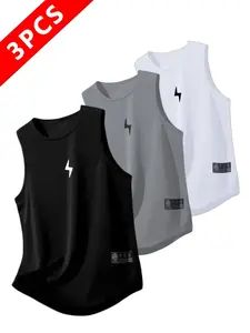 Men's Quick-Dry Sports Vest Set, Breathable Sleeveless Gym Shirt, Geometric Pattern Design, Lightweight for Running, Training, Daily Wear