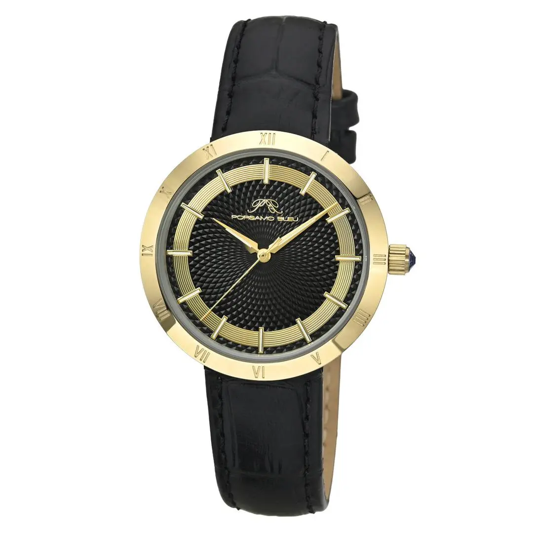 PORSAMO BLEU Monroe Women's Classic Watch, 36mm Gold-Accented Case with Genuine Leather Strap, Guilloché Dial, Japanese Quartz Movement, Batteries Included, 36Mm Watch, Female Wear, Analog, Buckle, Elegant, Gold Tone, Round, Boujee Luxury Quartz Watches