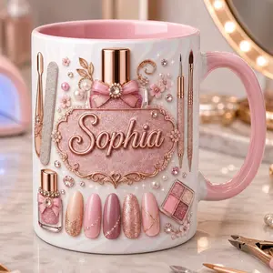Personalized Nail Artist Mug 2D Printed 3D Effect, Custom Name Ceramic Coffee Cup with Pink Nail Polish Beauty Design, Gift for Manicurist Nail Tech Salon Owner Women