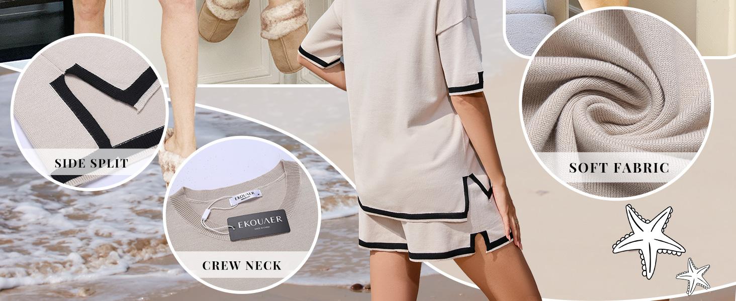 EKOUAER Spring Women's knitted two-piece comfortable set of short- summer sleeved pullover pajamas, casual nightwear, elasticated
