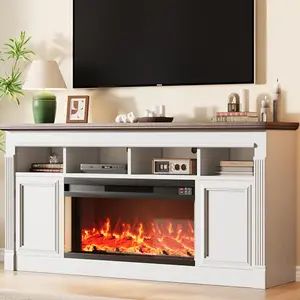 Farmhouse Fireplace TV Stand 36 Inch Electric Fireplace Entertainment Center - Storage Cabinets Fits 67-68 Inch TVs Wooden Media Console for Living Room