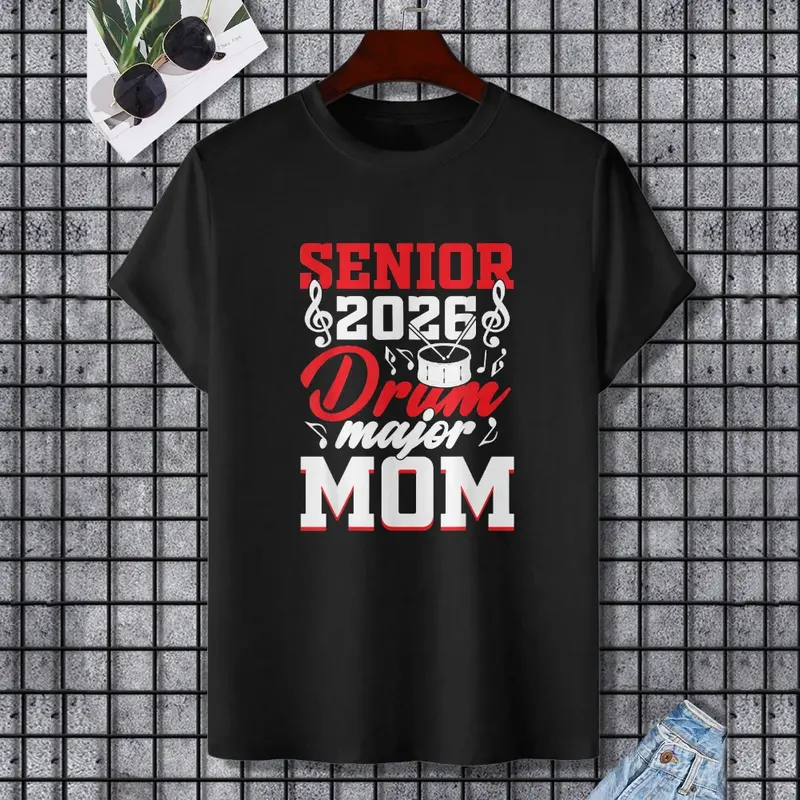 Senior 2026 drum major Mom graduation graduate T-Shirt, 100% Cotton, Single Side Printed, Black Short Sleeve T-shirt, Gift for Family Friends, S-XXXL, 1 pc, Fabric Weight 180g