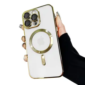 Luxury Magnetic iPhone 15 Pro Max case with Full Camera Protection & MagSafe Compatible - Luxury Clear Plating Cover for Women Men w/Glitter Ring - TPU Bumper Drop Protection Apple Phone case (Gold)