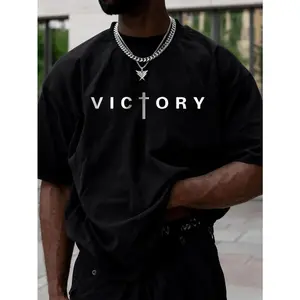 1pc Men Casual Cotton T-Shirt With Victory Print Crew Neck Stretch Knit Fabric Regular Tee For Adults Plus Size White