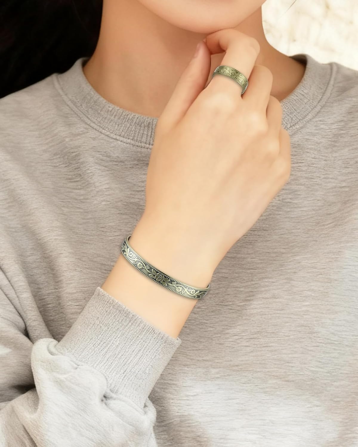 Copper Bracelet & Ring for Women, 99.99% Pure Copper Magnetic Bracelet Lymphatic Drainage Rings with 3500 Gauss Magnets, Adjustable & Flower Pattern (Antique Bronze Tone)