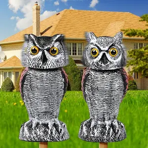 2Pcs Fake Owl Decoy, Rotating Head Plastic Garden Owl Scarecrow for Garden Waterproof Owl Statue for Courtyard Orchard Doorway Roof Owl Decor