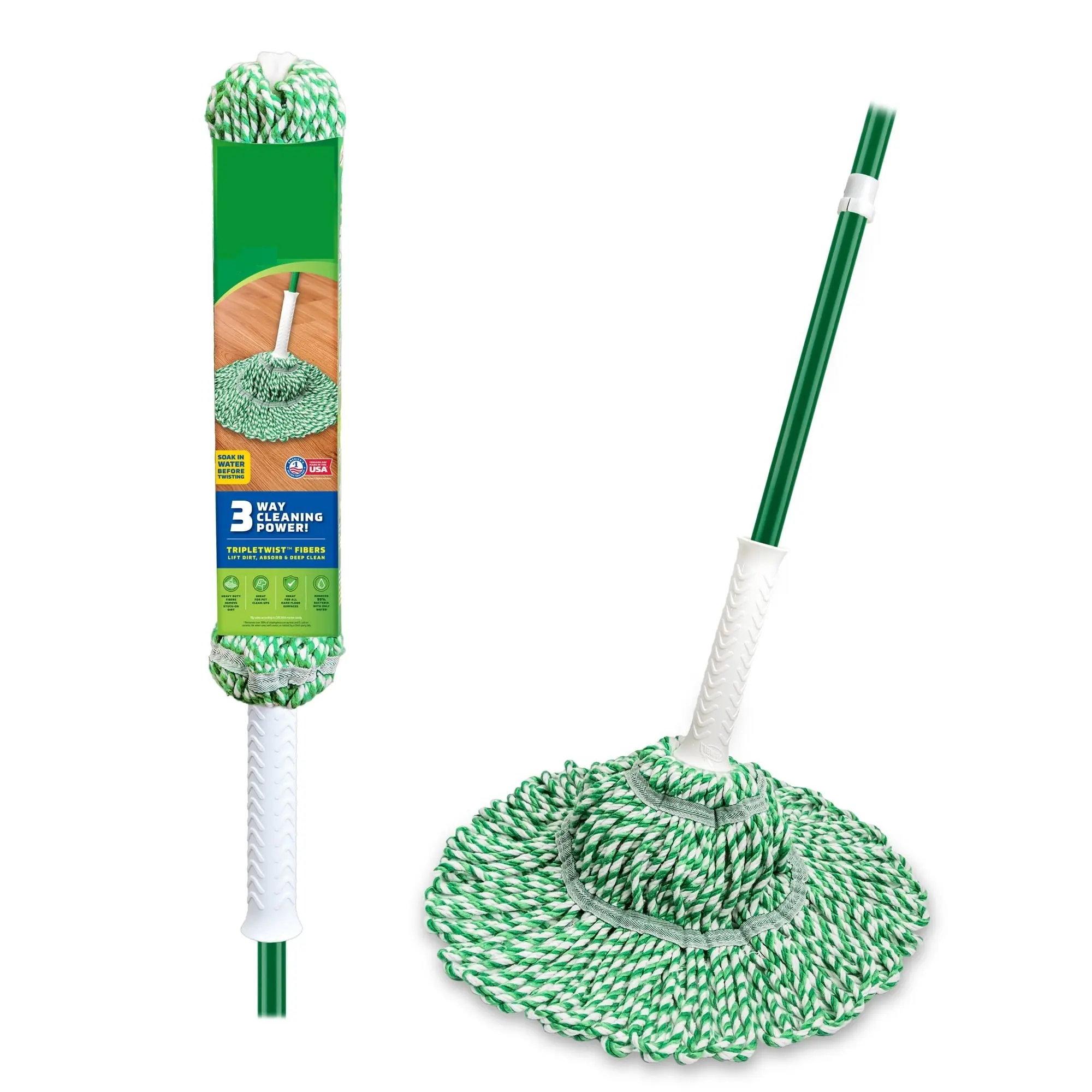 Tornado Twist Mop, 55.5 Inch - Cotton Blend Mop Head with Steel Handle - Wet Dry Mop for Wood, Tile & Laminate Floors - Machine Washable, Green & White