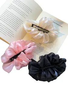 3-piece set of puffy gauze net solid-colored banana-shaped hair clips, elegant and sweet style for women, suitable for various occasions to wear, Flower Hair Clips
