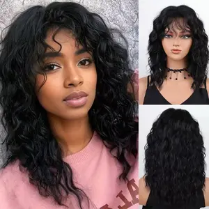 Natural Black Water Wave Wig with Bangs,18inch Medium - Long Style for Daily Glam and Party Elegance