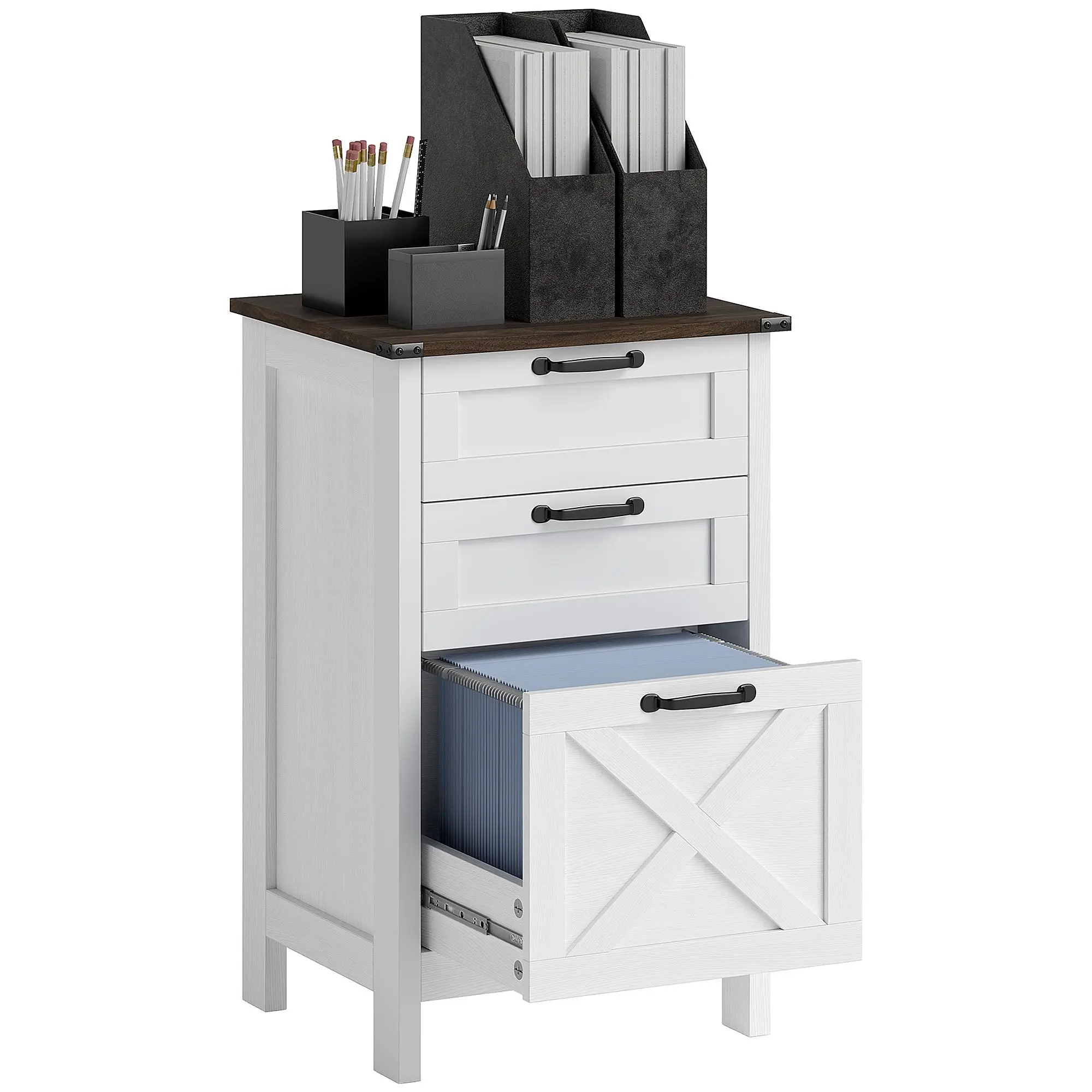 HOMCOM 3 Drawer File Cabinet with Silent Slides, Vertical Filing Cabinet for Hanging A4/Letter Size, Rustic Farmhouse Printer Stand with Storage for Home Office, Distressed White