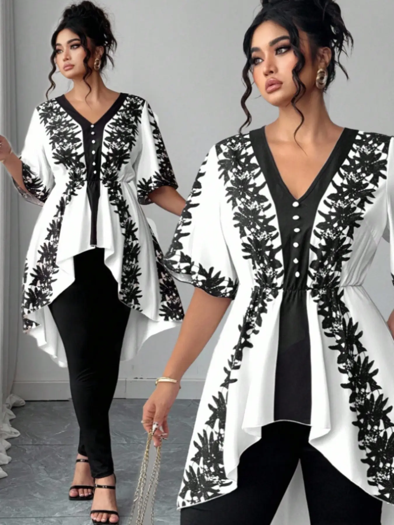 Plus-size women's V-neck short-sleeve printed blouse with button detailing on the front placket, women's tops and shirts, women's dresses, summer women's clothing, women's long-sleeve shirts