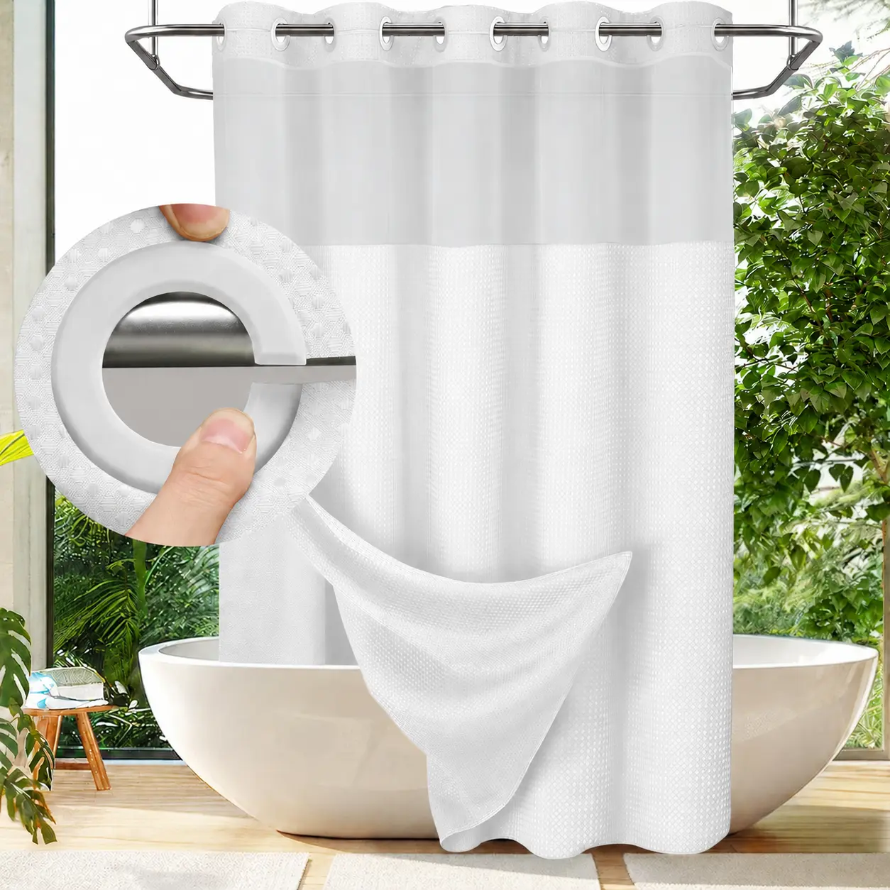 White Hookless Shower Curtain - 3-in-1 Luxury Hotel-Style Waffle Weave Double-Layer Bath Piece with Removable Snap-In Liner, Sheer Window, Magnetic Corners, Water-Resistant, 71x74 in (Shower Curtains for Bathroom Supplies)
