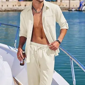 COOFANDY Men's two-piece linen casual long sleeved button down Cuban shirt and loose pants beach vacation set, summer outfit, men's pocket top, men's drawstring pants, men's comfortable two-piece set, casual vacation party set Menswear Overalls