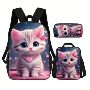 3pcs Cartoon Cat Backpack Set with Lunch Box & Pencil Case |   17in, Lightweight, Charming Design |   Ideal for Birthday Presents, Holiday Gift Sets or Daily Adventures